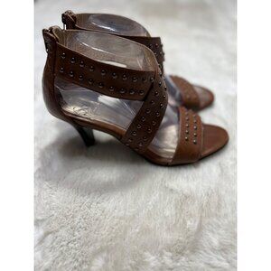 Sofft Brown Studded Open-Toe Heeled Sandals With Zipper Back & Clear Strap women